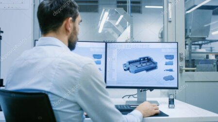 Symbolische Darstellung einer CAD-Konstruktion mit 3D-Modell und technischer Zeichnung